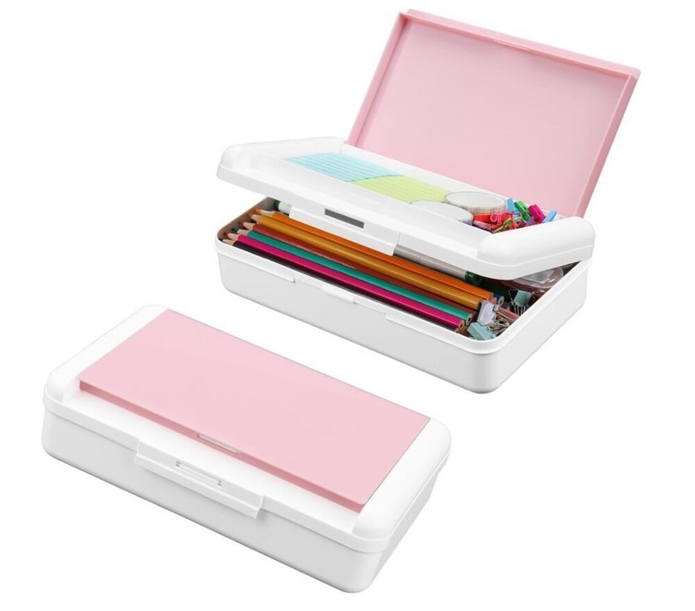 Double Layer Pencil Box Large Capacity Snap Lid School Organizer Pink